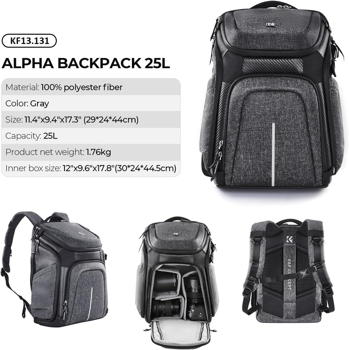 K&F Concept Wasserdichter Professioneller Kamerarucksack,Fotorucksack für 2 Kameras und 15,6 Zoll La