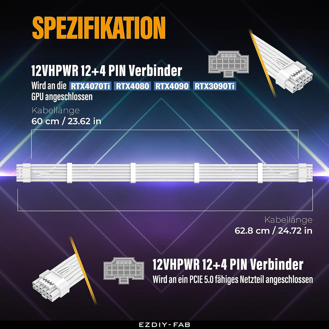 EZDIY-FAB 16AWG PCI-e 5.0 12VHPWR PSU Sleeved Kabel,600W 12+4 Pin Stecker auf 12+4 Pin Stecker Kabel