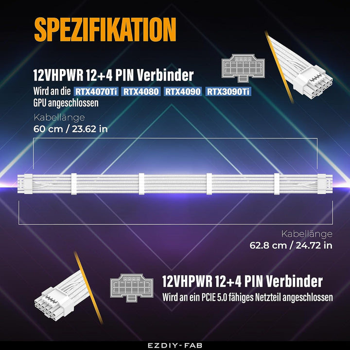 EZDIY-FAB 16AWG PCI-e 5.0 12VHPWR PSU Sleeved Kabel,600W 12+4 Pin Stecker auf 12+4 Pin Stecker Kabel