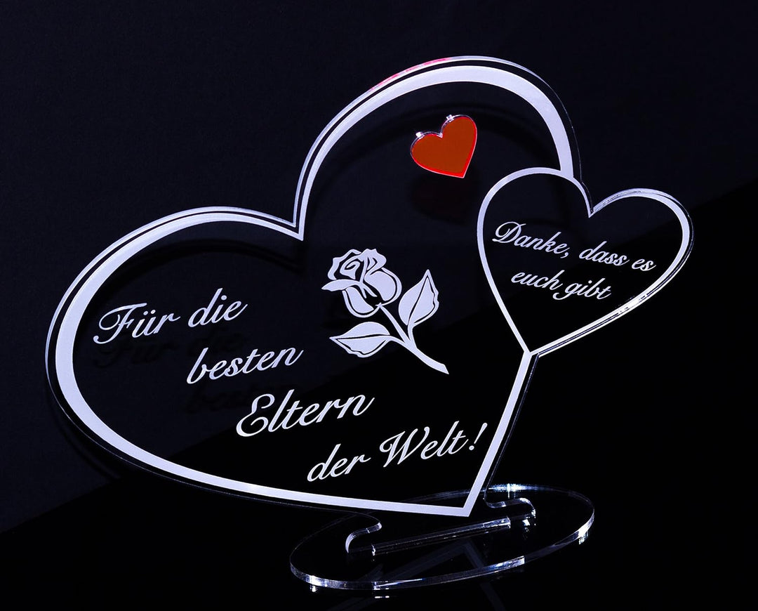 Acryl Schild in Herz Form "Für die besten Eltern der Welt" die perfekte Geschenkidee, mit Lasergravu
