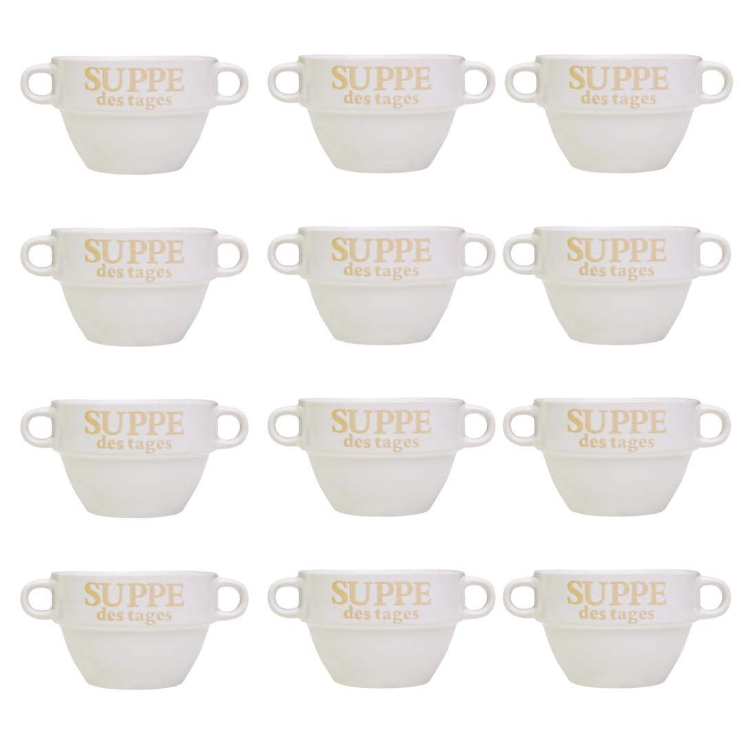 DRULINE 12x Set Suppentasse Weiss aus Keramik Ø 13 cm mit Henkel – Hochwertige Suppenschale, Hitzebe