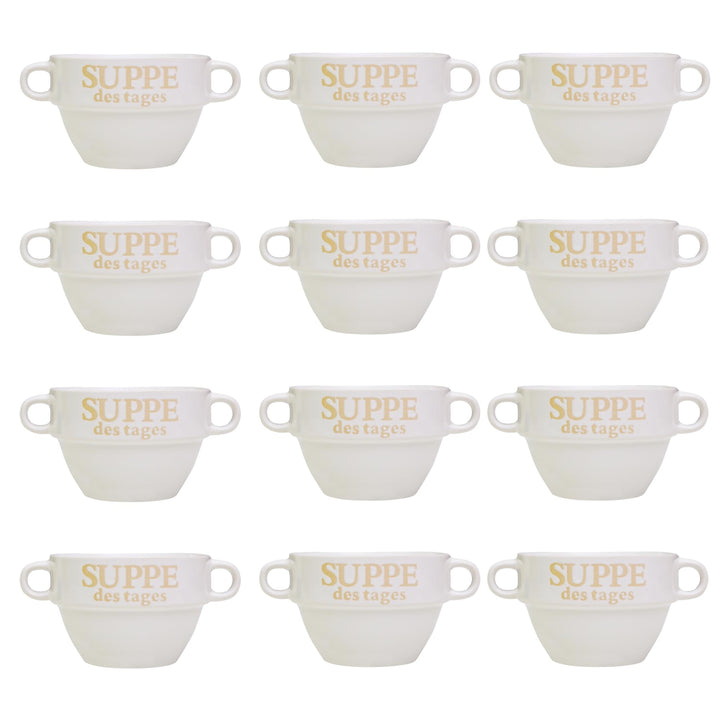 DRULINE 12x Set Suppentasse Weiss aus Keramik Ø 13 cm mit Henkel – Hochwertige Suppenschale, Hitzebe