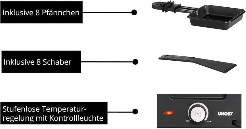 UNOLD 48760 Raclette Delice Basic - 1200 Watt, für bis zu 8 Personen, mit Naturstein-Grillplatte, we