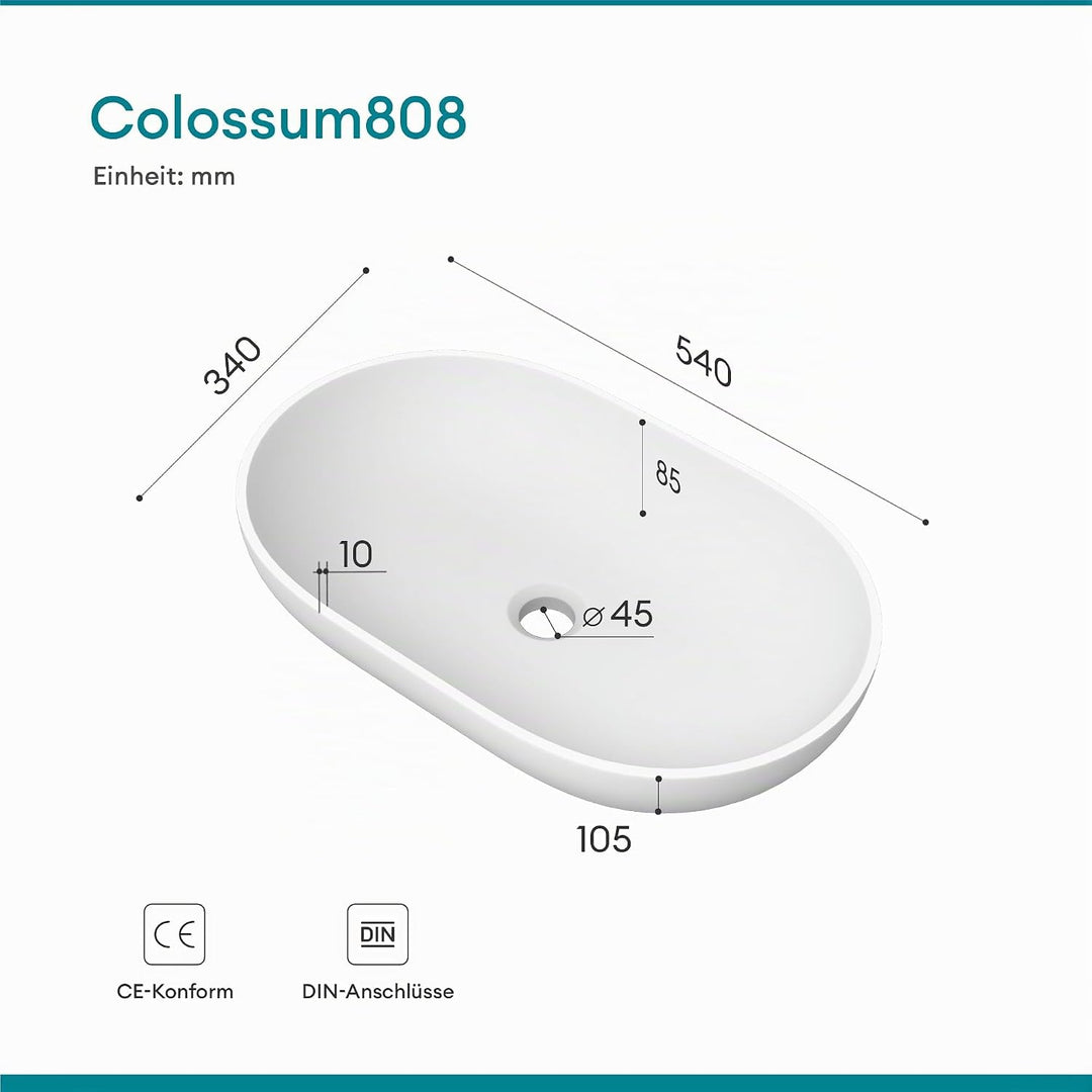 Mai &amp; Mai Aufsatzwaschbecken Col808 in Weiss Matt Waschschale Waschbecken aus Gussmarmor, Weiss Matt