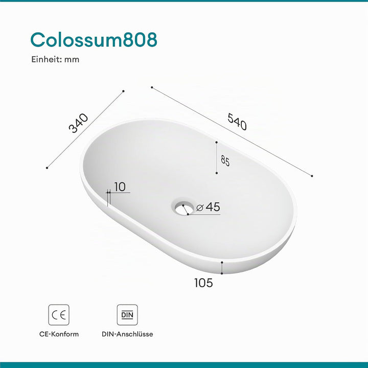 Mai &amp; Mai Aufsatzwaschbecken Col808 in Weiss Matt Waschschale Waschbecken aus Gussmarmor, Weiss Matt