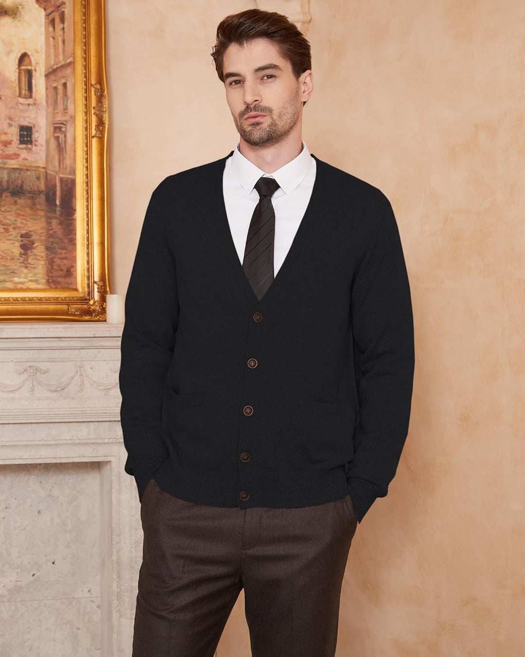 Kallspin Herren Strickjacke aus Wollmischung V-Ausschnitt Cardigan mit Knopfverschluss und Taschen,
