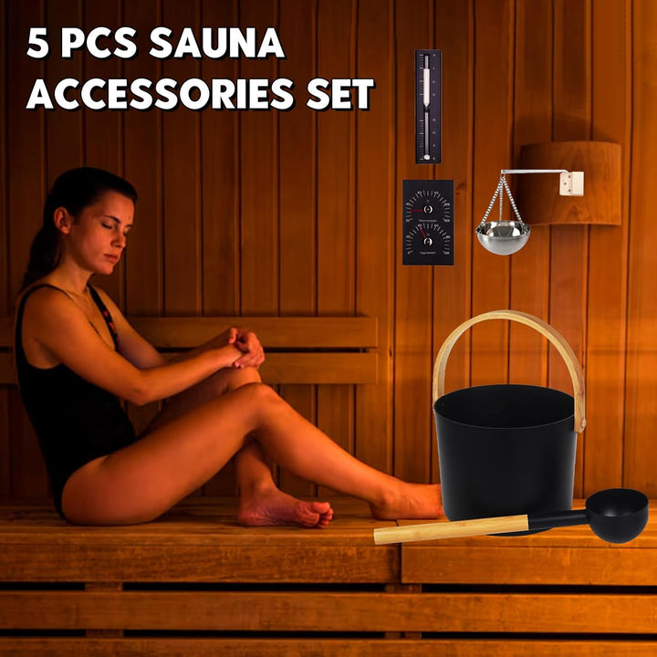 Saunakübel Set, 7L Aluminium Sauna Eimer mit Sanduhr, Saunaschale, Saunakelle, Thermo & Hygrometer,