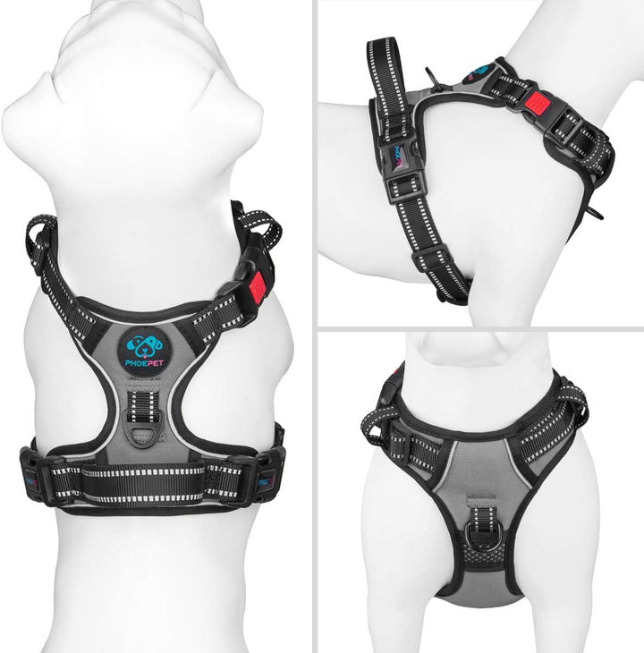Phoepet Anti-Zieh-Hundegeschirr, reflektierend, verstellbar, mit Trainingsgriff, Namensausweisfach,