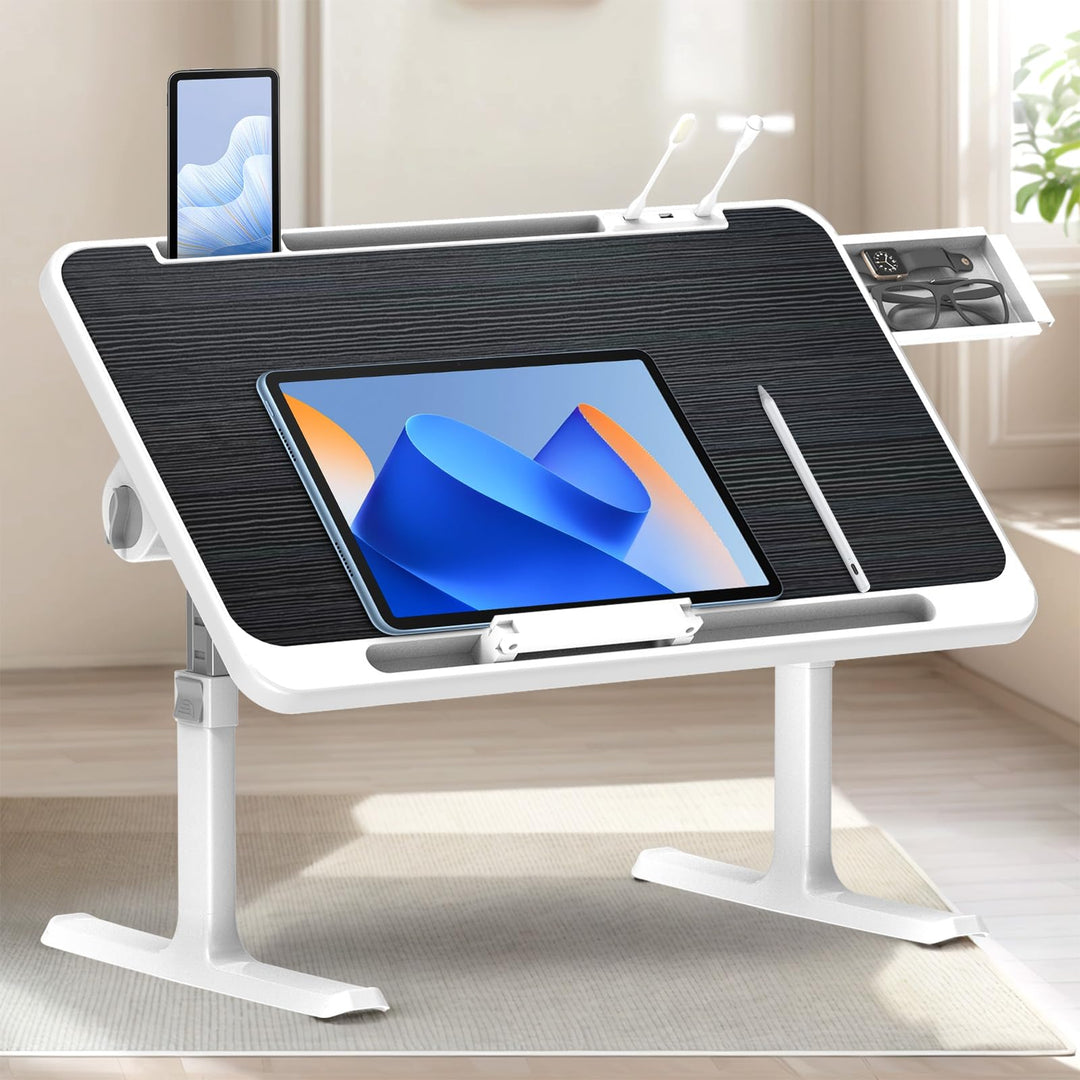 Klappbarer Laptoptisch mit Schublade, LED & Ventilator – Höhenverstellbarer Schreibtisch für Bett, S