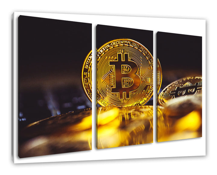 Bitcoin BTC zwischen Münzenals Leinwandbild 3 teilig | Grösse: 120x80 cm | Wandbild | Kunstdruck | f