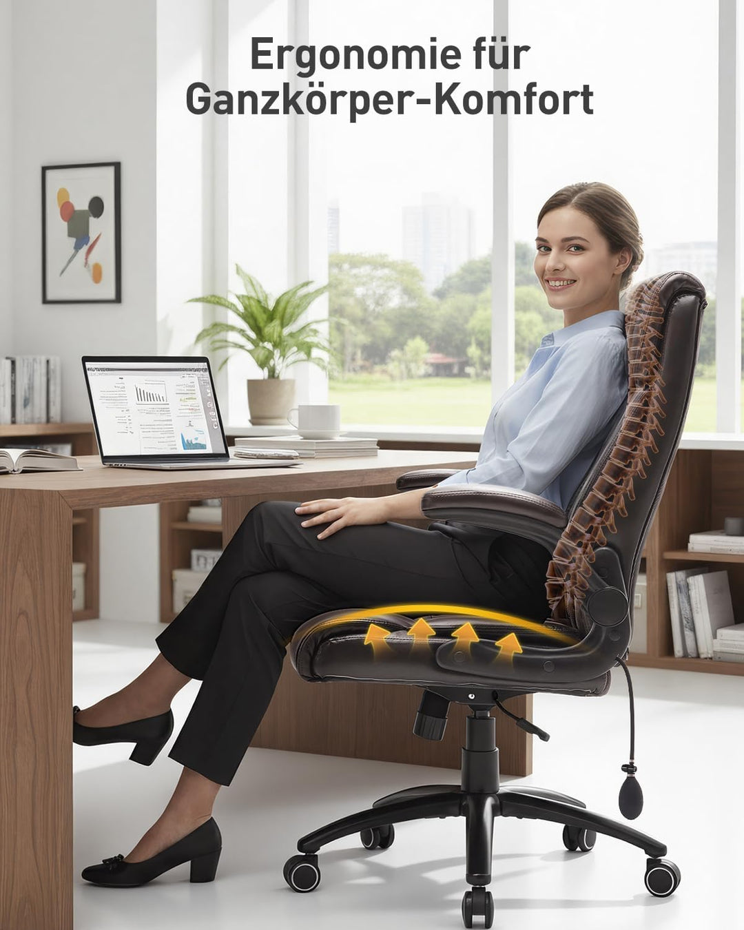 COLAMY Ergonomischer Chefsessel mit Lordosenstütze, gepolsterten Hochklapparmen und Kippverstellung