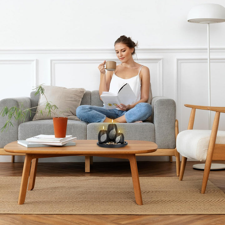 Relaxdays Teelichthalter Set mit Tablett & Steinen, Ø 19,5 cm, Tischdeko Wohn- & Esszimmer, Kerzenha