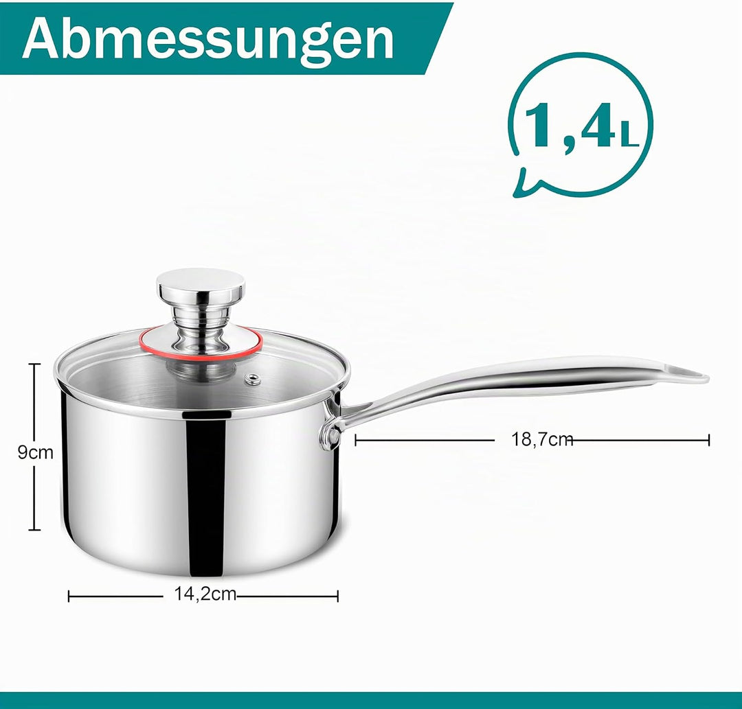 Homikit Stielkasserolle, 3-Lagen Edeastahl 14cm Kasserolle mit Glasdeckel, Klein Kochtopf Milchtopf
