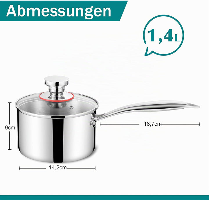 Homikit Stielkasserolle, 3-Lagen Edeastahl 14cm Kasserolle mit Glasdeckel, Klein Kochtopf Milchtopf