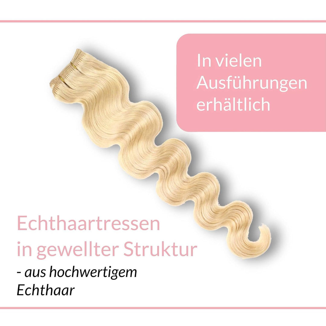 hair2heart Echthaar Tressen zum Einnähen Extensions Gewellt - 50cm 100g 9/0 lichtblond 