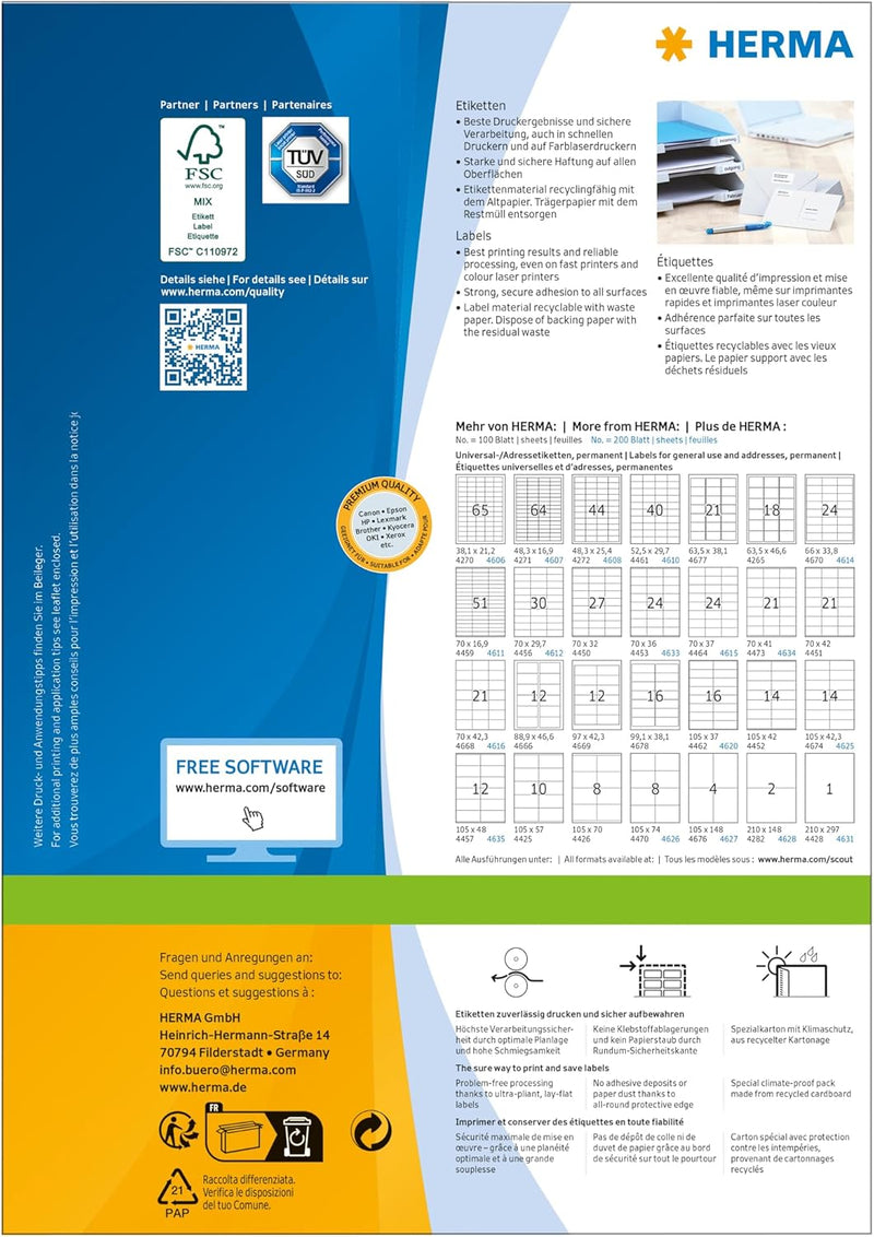 HERMA 4470 Versandetiketten, 100 Blatt, 105 x 74 mm, 8 Stück pro A4 Bogen, 800 Aufkleber, selbstkleb