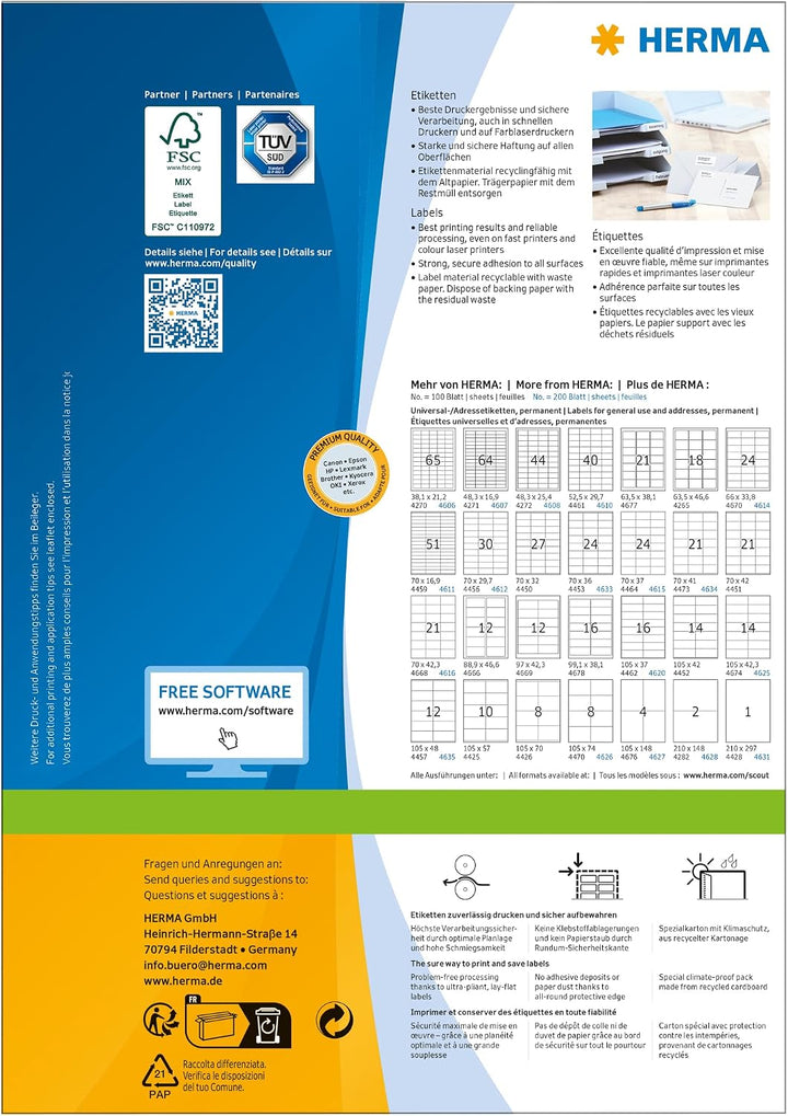 HERMA 4458 Universal Etiketten, 100 Blatt, 200 x 297 mm, 1 Stück pro A4 Bogen, 100 Aufkleber, selbst