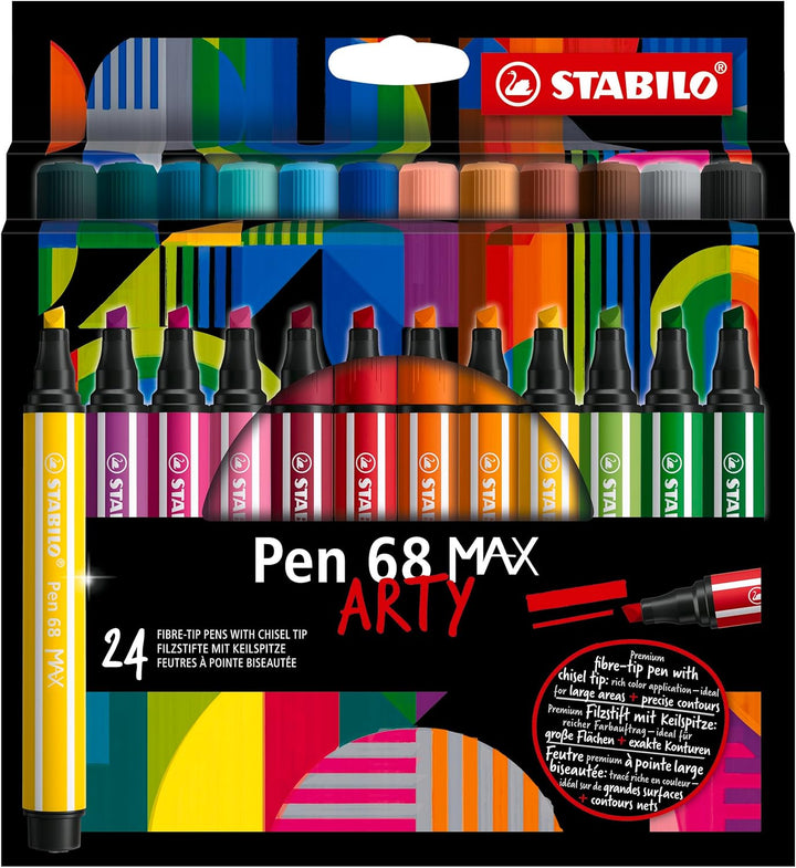 Premium-Filzstift mit dicker Keilspitze - STABILO Pen 68 MAX - ARTY - 24er Pack - mit 24 verschieden