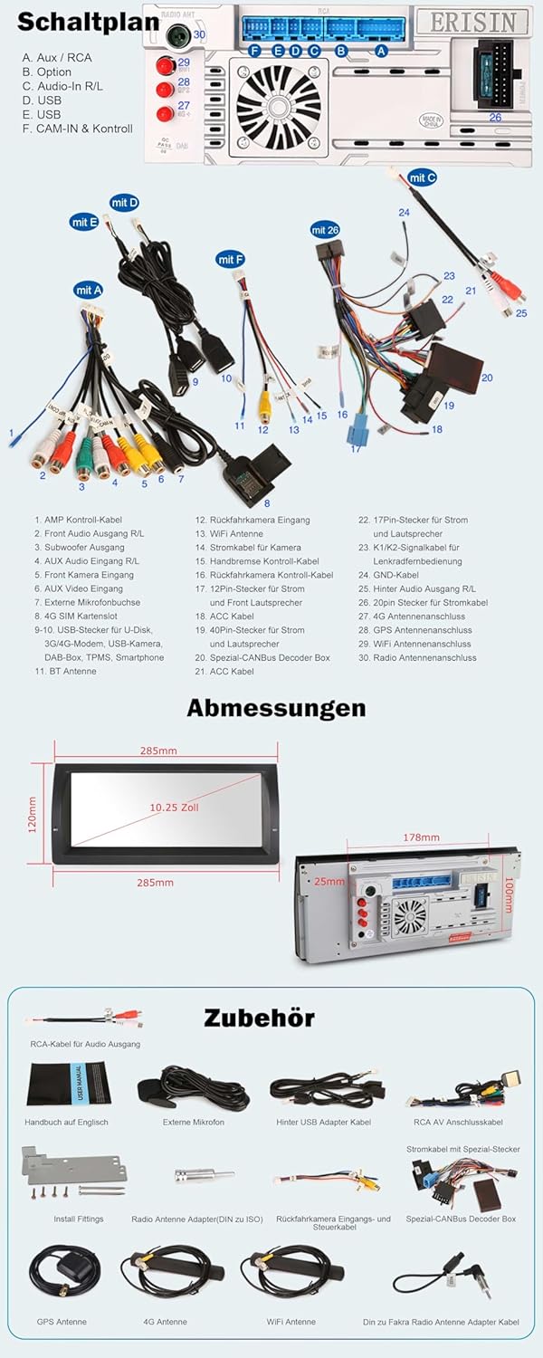 Erisin 8-Kern Android 14 Autoradio GPS Navigation für BMW X5 E53 10.25 Zoll HD Touchscreen Bluetooth