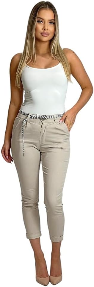 Mississhop Damen Baumwolle Klassische Chino Hose mit Gürtel L Beige, L Beige