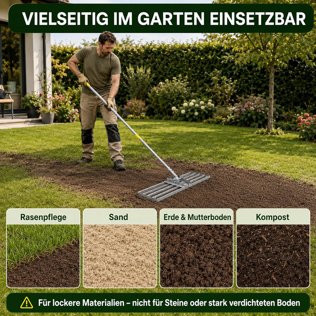 Rasenrakel 213 cm, 76 x 25 cm Rasen-Nivelliergerät aus Edelstahl, Ergonomischer Rasen-Nivellierreche