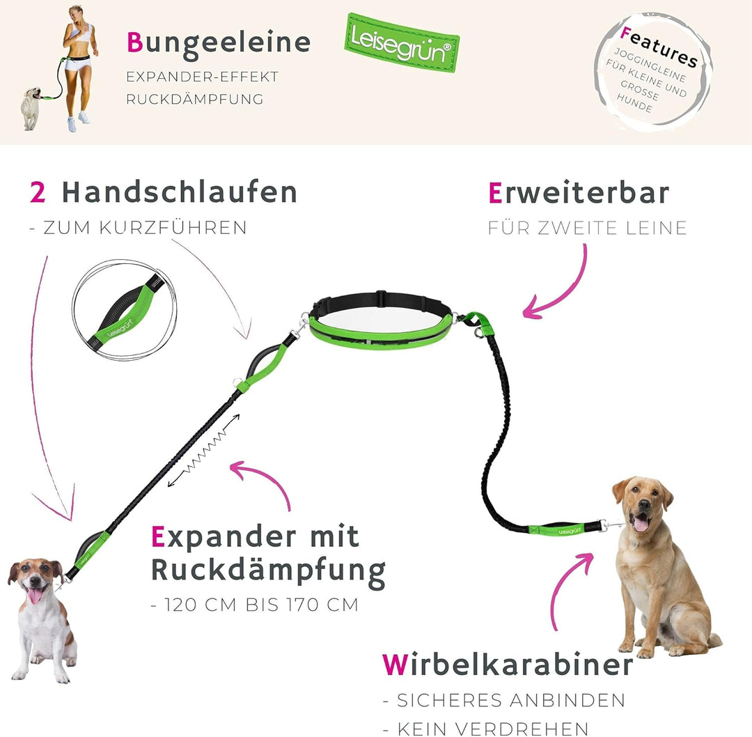 Leisegrün Joggingleine kleine Hunde bis 10 kg | Freihandleine zum Joggen mit Bauchgurt | 135 cm bis