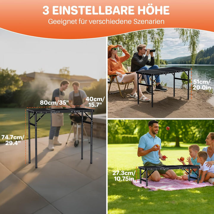 FUNYKICH 3ft Tragbarer Grilltisch 90 x 40cm, Campingtisch Outdoor Klappbar mit 3 Höhen Verstellbarer