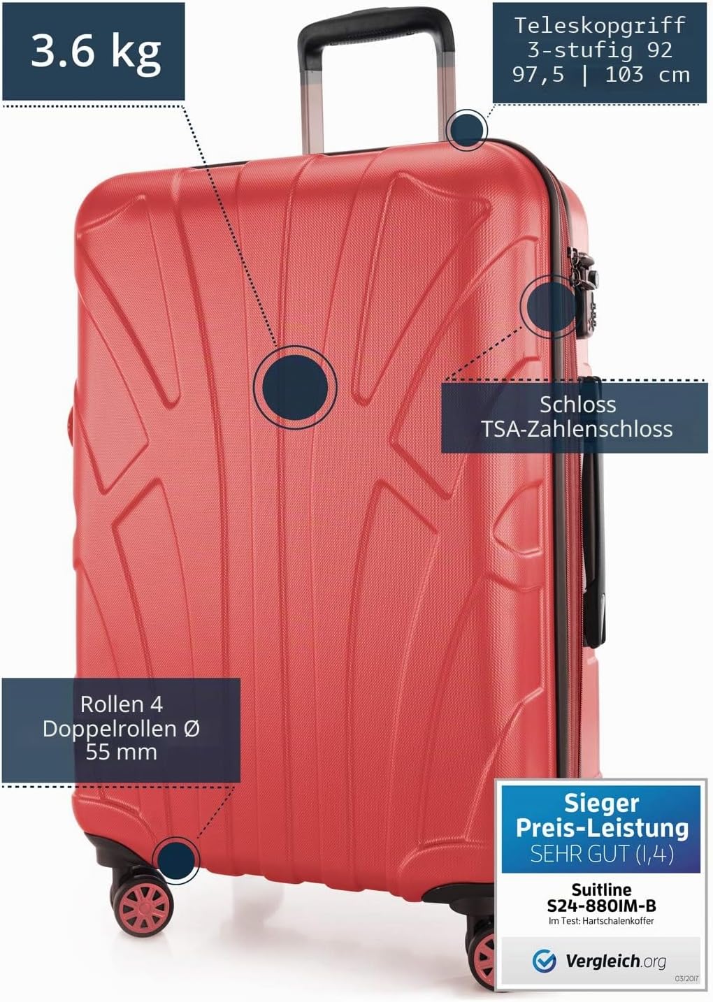 suitline - Hartschalen-Koffer Koffer Trolley Rollkoffer Reisekoffer, TSA, 66 cm, ca. 58 Liter, 100%