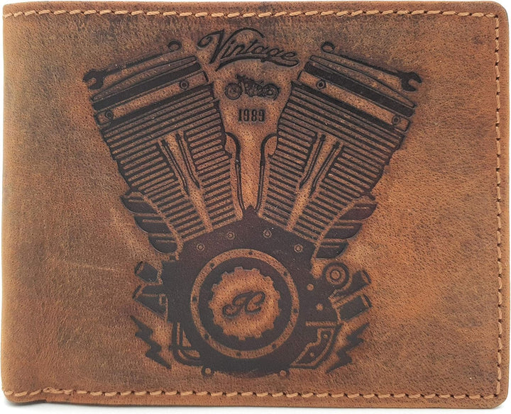 echt Leder Biker Geldbörse quer Hunterleder Portemonnaie Motor Motorblock mit RFID Schutz