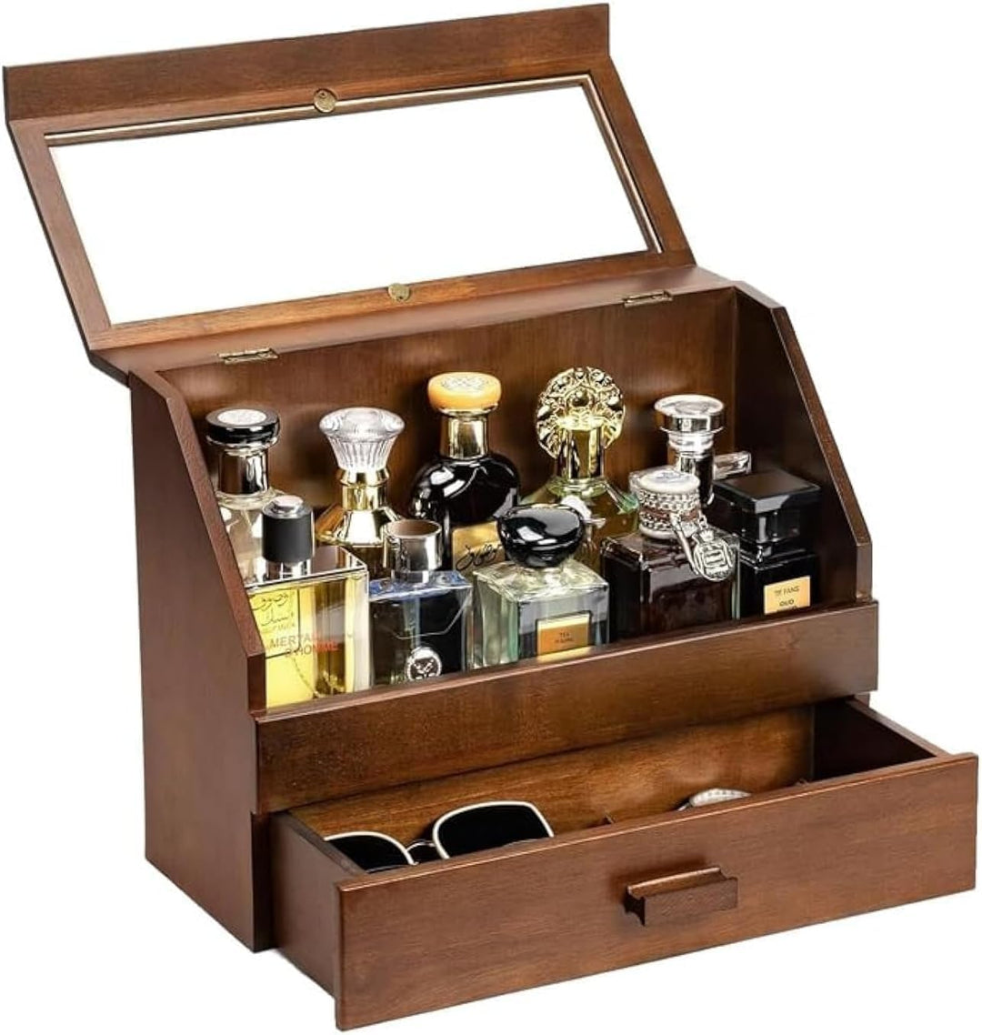 Parfüm Organizer, Holz Herren Parfüm Ständer mit Schublade, Parfüm Regal mit Transparent Sichtbarer