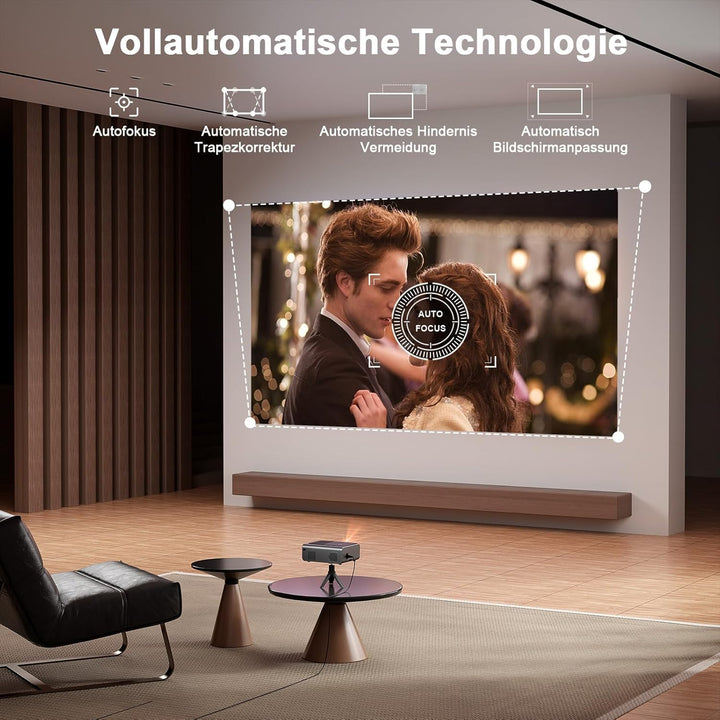 Smart Beamer 4k [Kompatibel mit Netflix & Dolby Audio] VOPLLS Autofokus/Trapezkorrektur Projektor, W