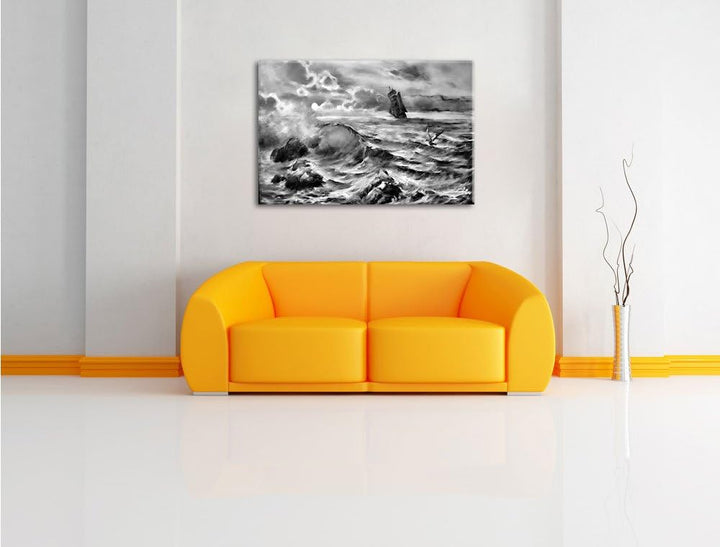 Pixxprint Monocrome, Sturm überm Meer Kunst, Format: 100x70 auf Leinwand, 100x70
