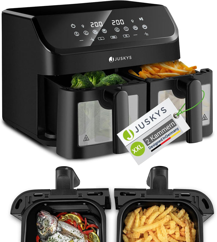 Juskys Heissluftfritteuse 9 L Doppelkammer - XXL Fritteuse mit 2 Körben, 9 Programme, Smart Finish,