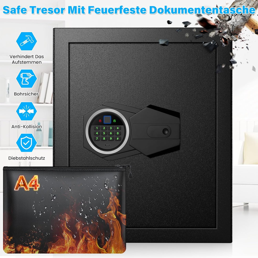 Mejasg 45L Safe Tresor Fingerabdruck mit A4 Feuerfester Tasche, Fingerabdruck Tresor für Zuhause mit