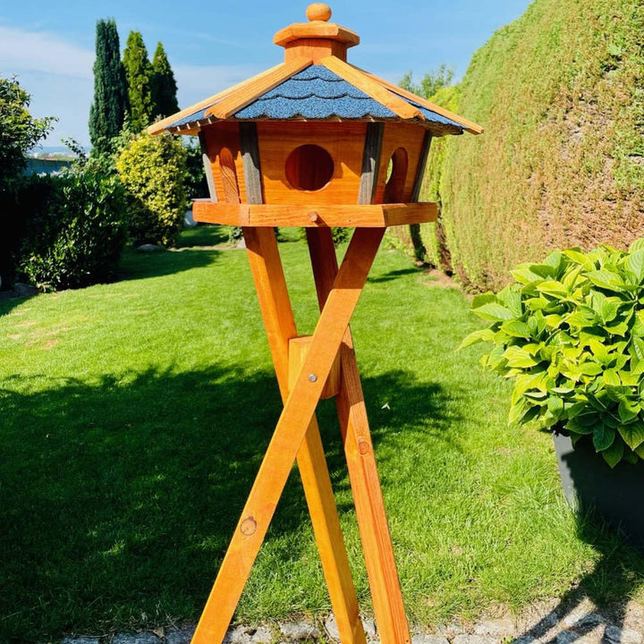 Vogel Futter Haus L oder XL Sechseck Holz Vogelhaus Futterstelle Braun/Blau, Rot, Schwarz und Grün (