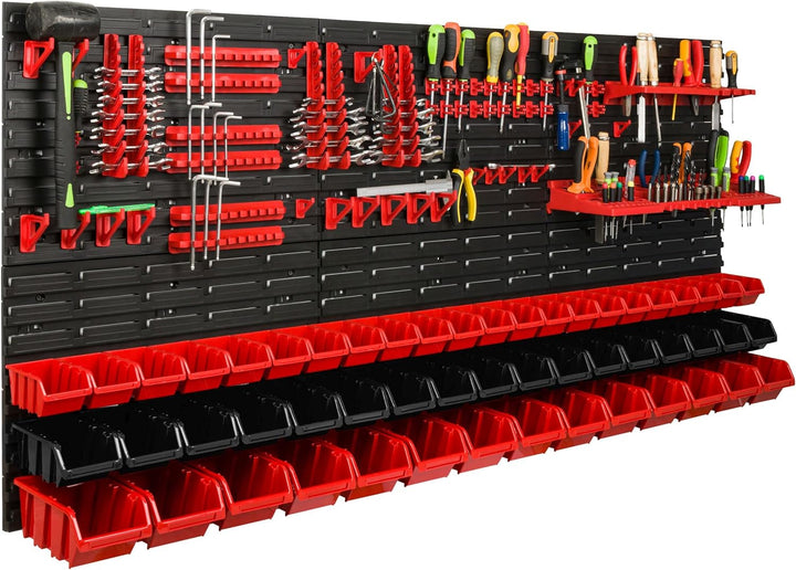 Lagersystem Werkstattregal | 172 x 78 cm | 53 stck. Box | Wandregal mit Werkzeughalterungen und Stap
