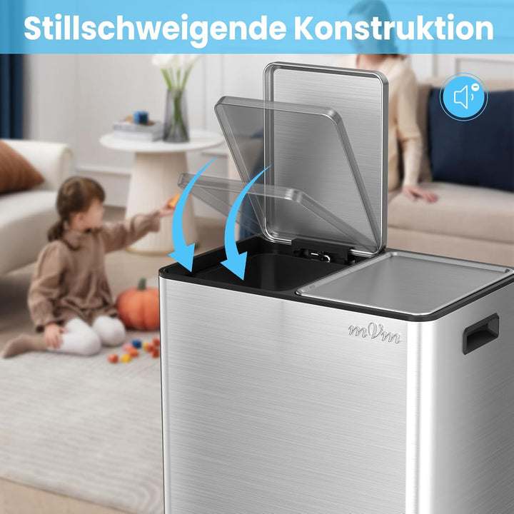 mVm Mülleimer Küche,60 Liter Treteimer,2x30L Doppelter Abfalleimer 2er-Mülleimer Mülltrennung mit In