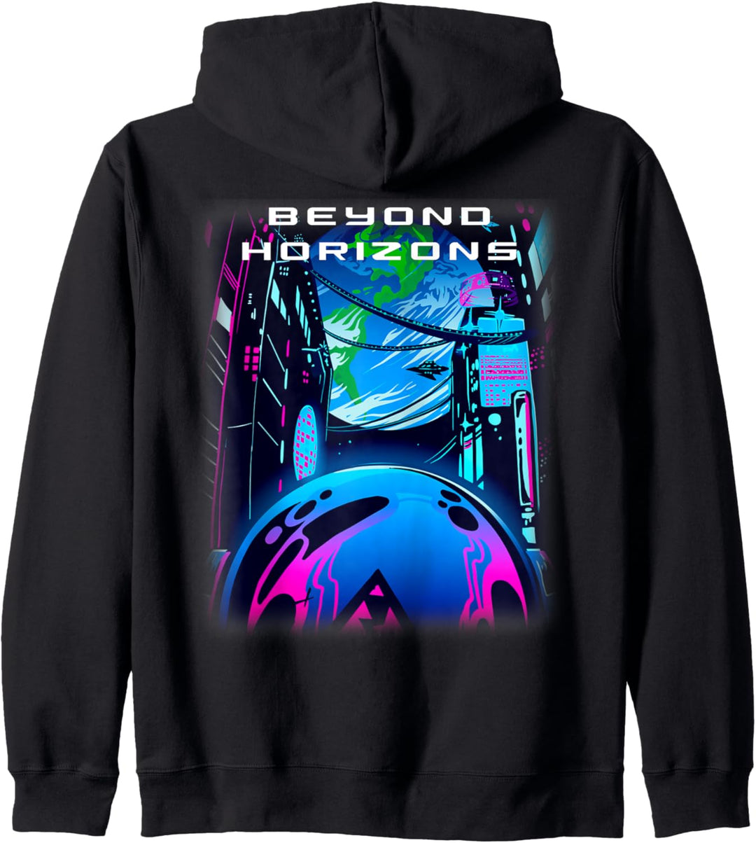 Beyond Horizons Cyberpunk Outrun Sci-Fi Futuristischer Raum Kapuzenjacke