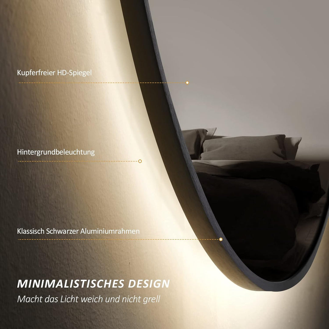 EMKE Badspiegel mit Beleuchtung rund 80 cm – Schwarzer Badezimmerspiegel mit Antibeschlag, Dimmbar,