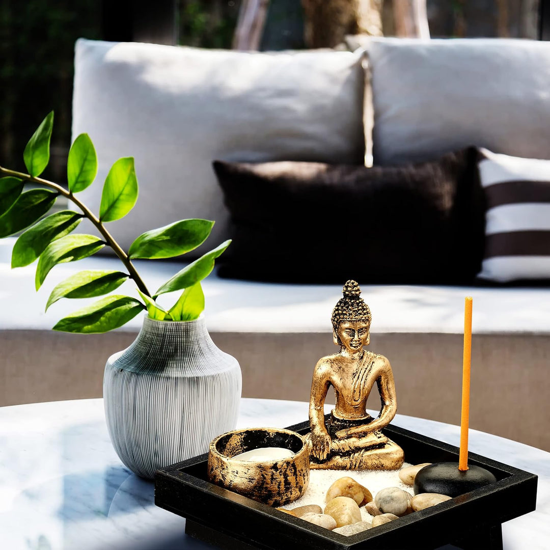 4 x Zen Garten, mit Buddha, Steinen, Sand, Räucherstäbchen & Teelichthalter, Entspannung, Feng Shui