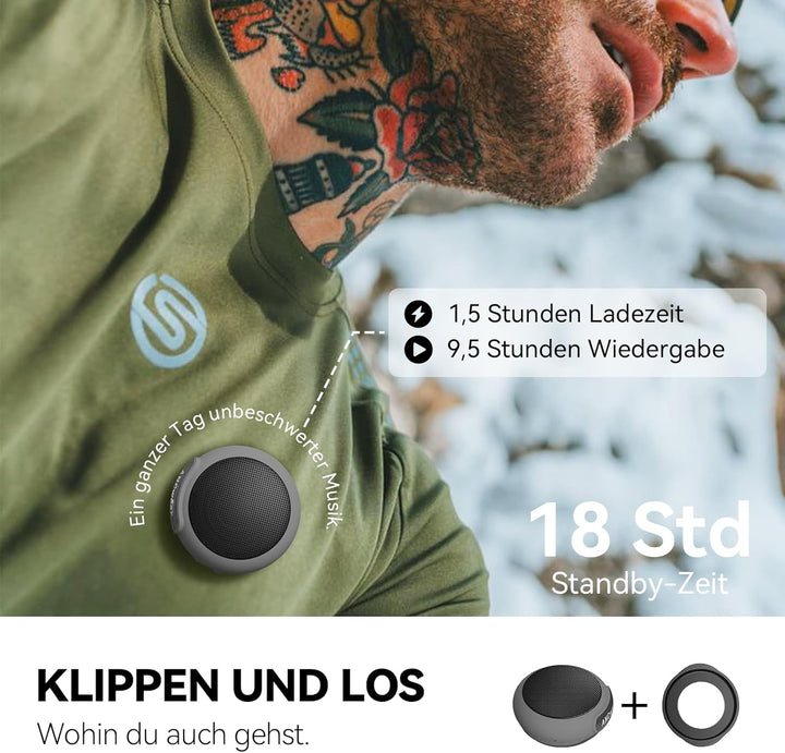 ANCwear Bluetooth 5.3 Lautsprecher Mini zum Anklemmen, Tragen und Aufhängen, IPX6 Spritzwasserschutz