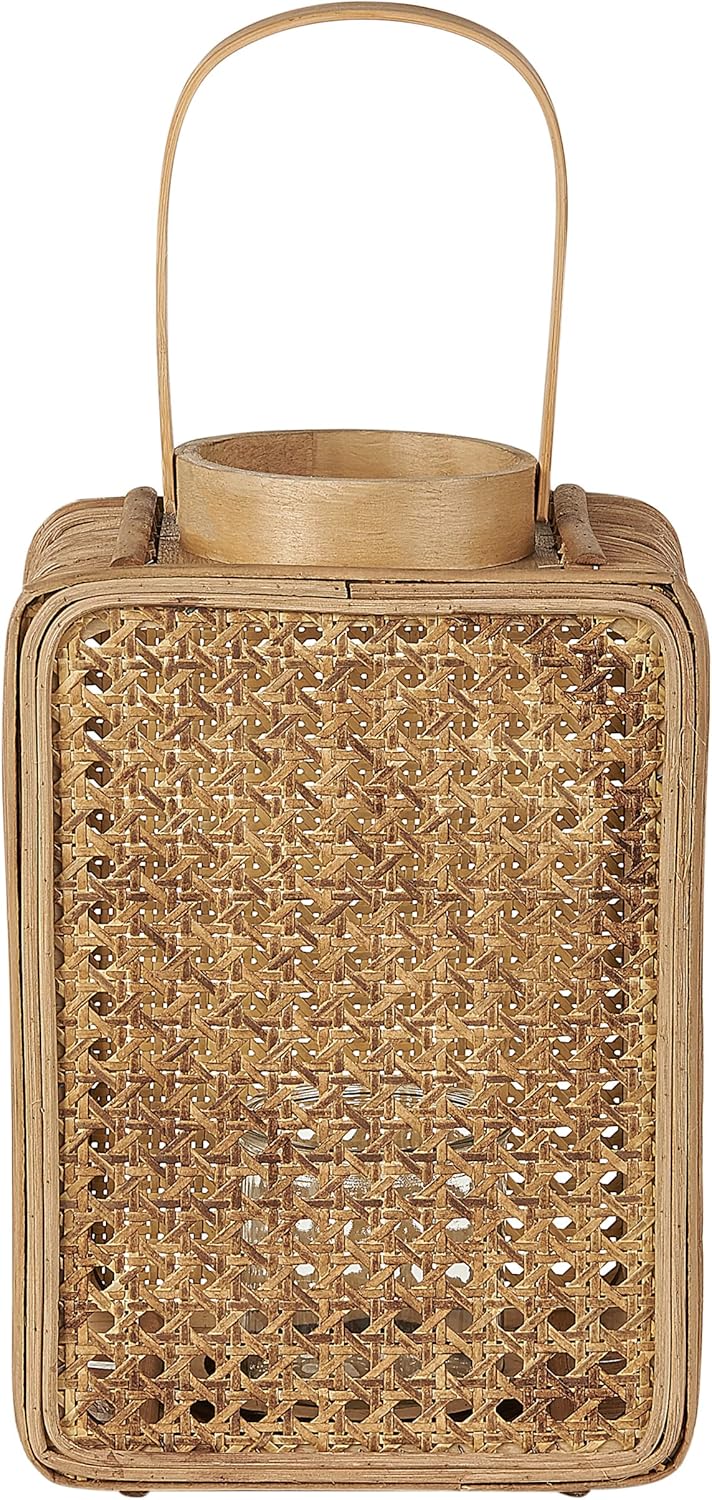 Laterne Rattan natürlich rechteckig 28 cm mit Griff Glaseinsatz Deko Boho Bantul