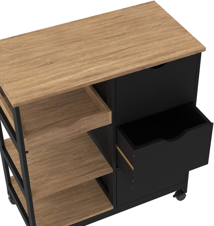 IDMarket - Küchenwagen MUNA 3 Körbe + 1 abnehmbares Tablett schwarz und Bucheffekt B.76 cm