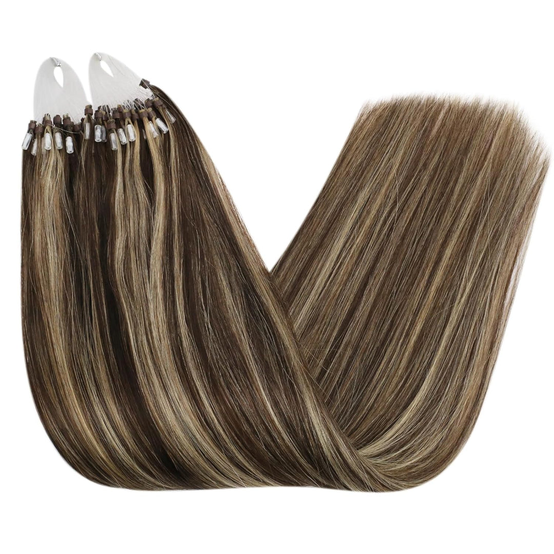 Ugeat Extensions Echthaar Microring Braun Remy Microbead Extensions Dunkelbraun Highlight Karamellbr