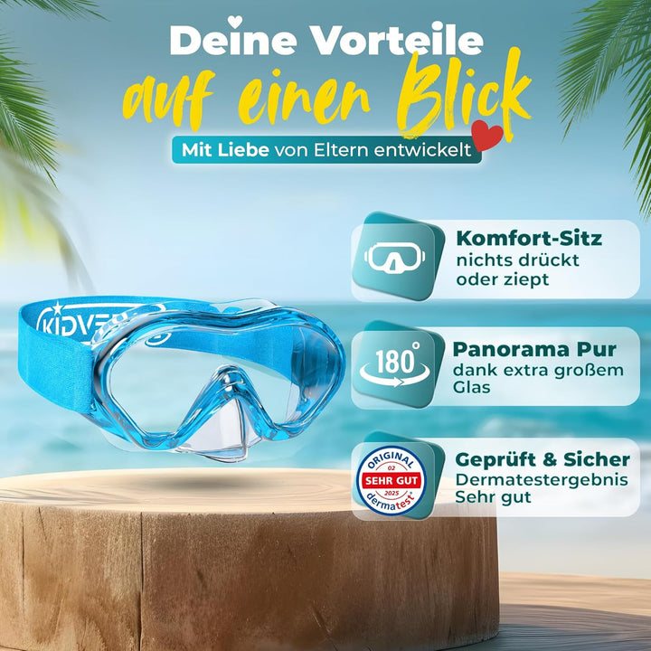 KIDVERSE Taucherbrille Kinder mit Nase - CE & Dermatest geprüfte Kinder Taucherbrille mit Stoffband