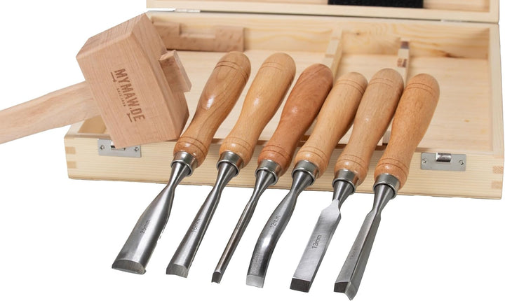 Schnitzeisensatz 7-tlg Schnitzwerkzeug mit Klüpfel Schnitzeisen Stechbeitel Holz