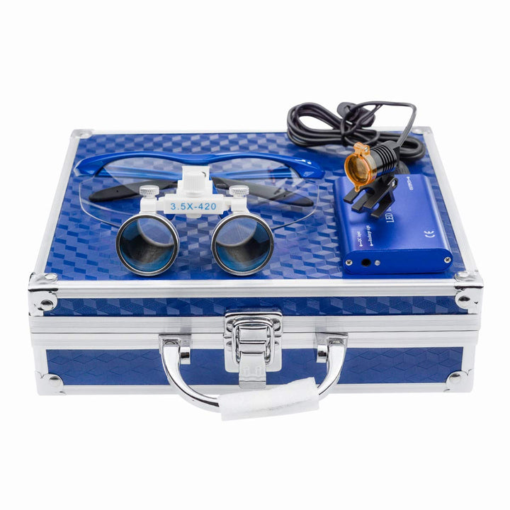 BONEW 3,5 x Fernglas-Lupen + 3 W LED-Scheinwerfer mit Filter + Aluminiumbox blau