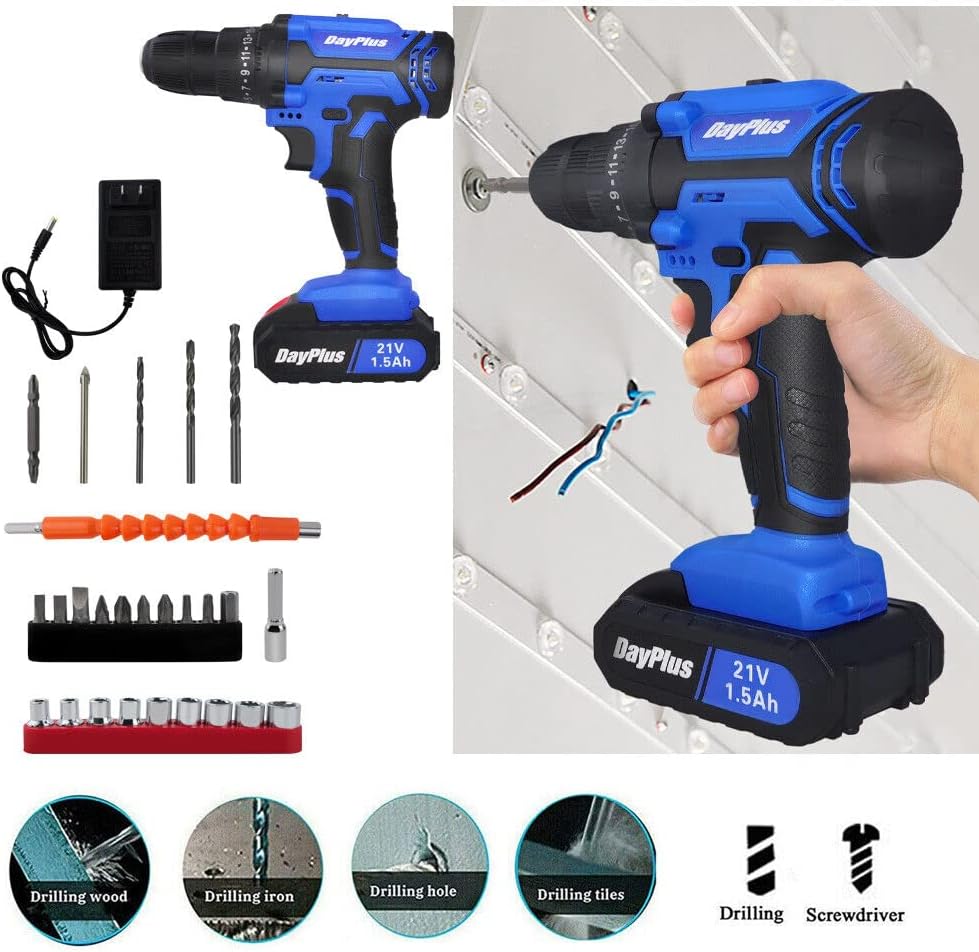 Elektrischer Akku-Bohrer 21-Volt-Bohrer, Treiber mit Bits Set, 3/8-Zoll Keyless Chuck, 25+1 Drehmome