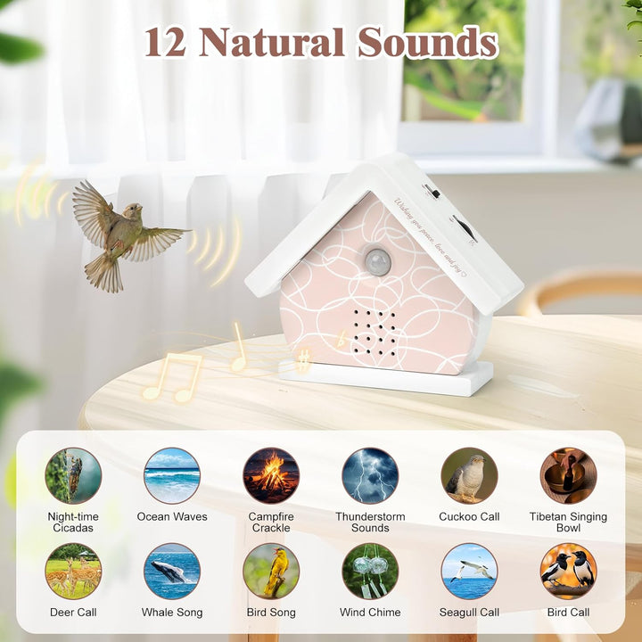 Vogelgezwitscher Box mit Bewegungsmelder & Licht, 12 Naturgeräuschen, Rosa Herz-Haus Design, inkl. S