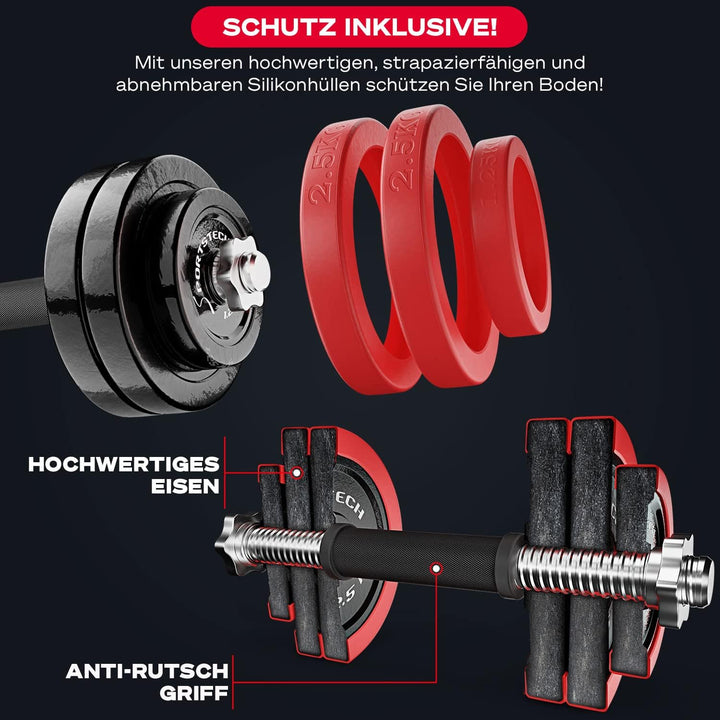 Sportstech 2in1 innovatives Hantelset mit Silikonüberzug, Kurzhanteln & Langhantel in einem, Hanteln